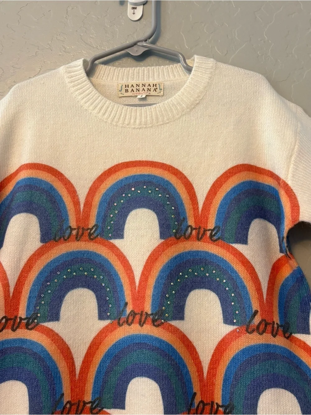 Hannah Banana white rainbow love with gemstones sweater size 4